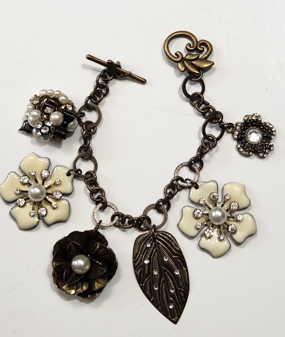 Brasstone Flower Charm Bracelet Enamel Rhinestone Faux Pearl Whimsey Goth Fairy